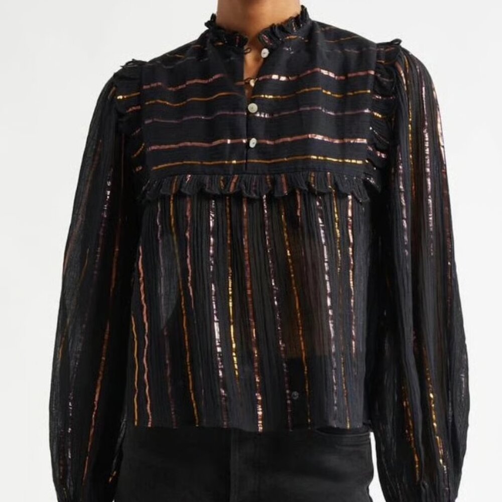 Farm Rio Black Metallic Ruffle Shirt | Size XXS | LIKE NEW